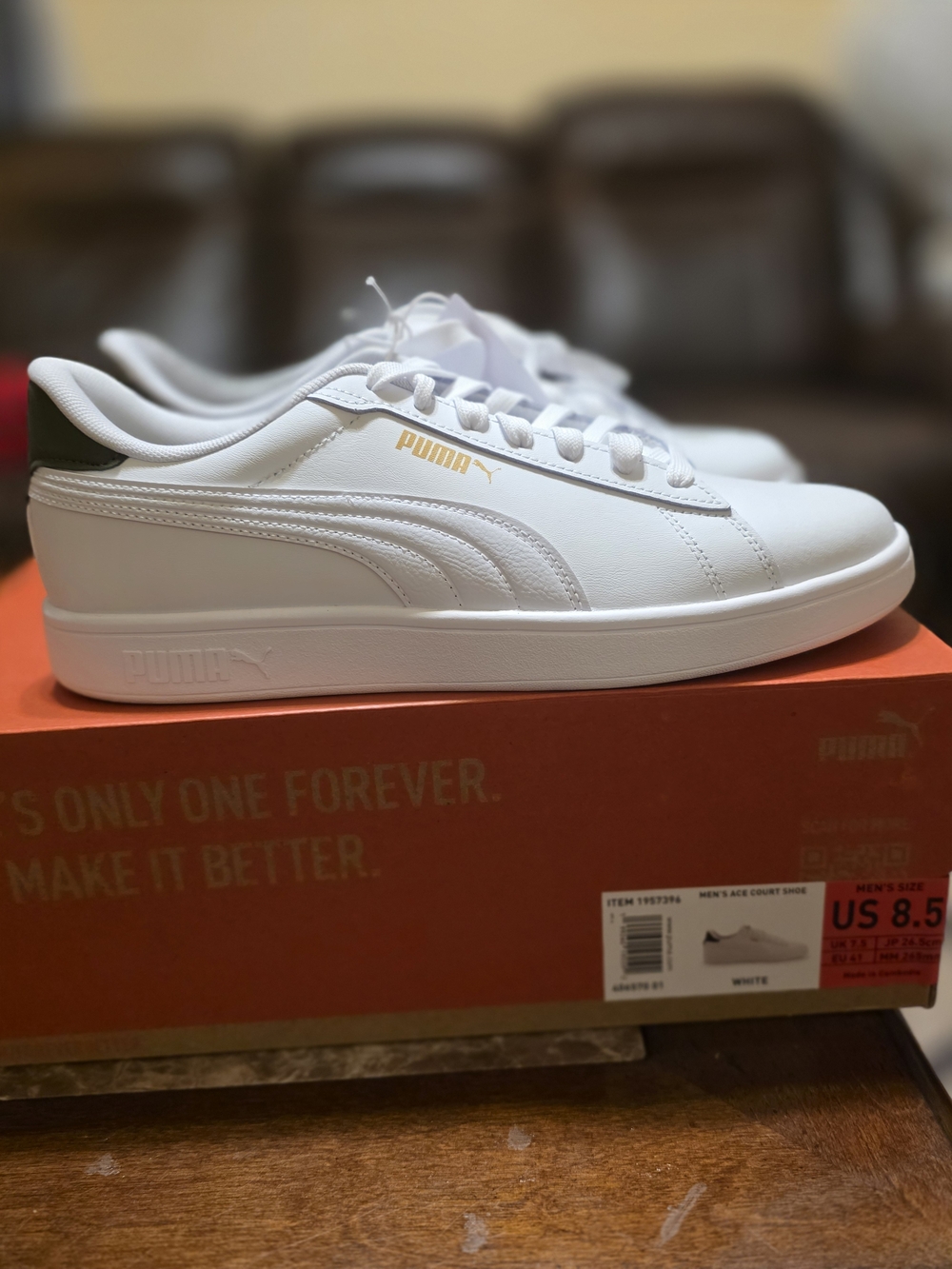 Puma White Ace Court Sneakers with Gold Logo